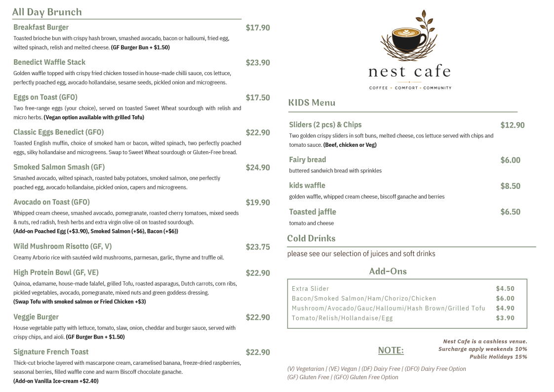 Menu, Nest Cafe