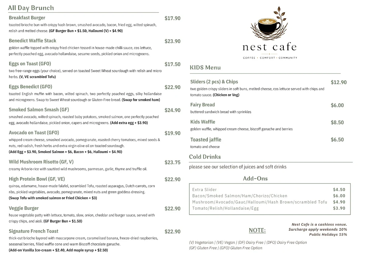 Menu, Nest Cafe