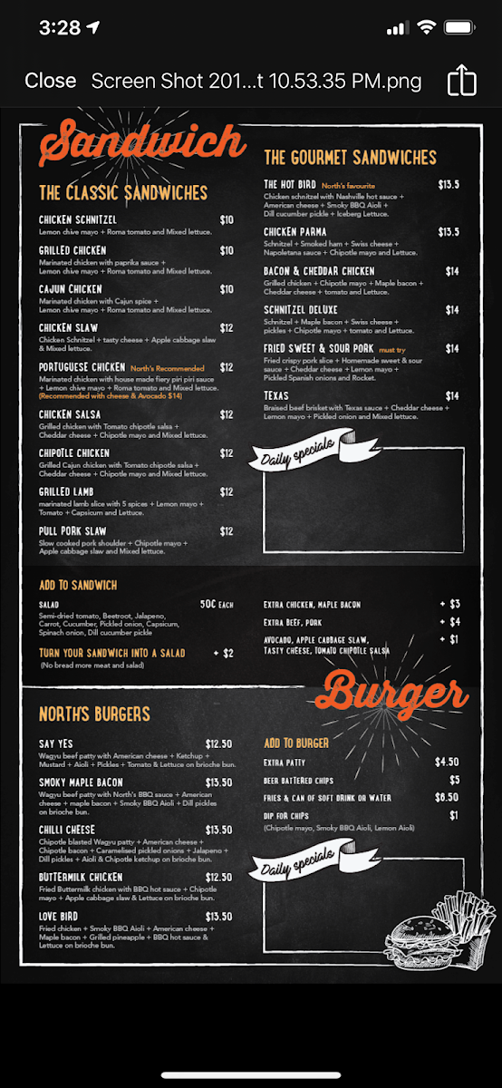 Menu, North Sandwich & Burger Kent St