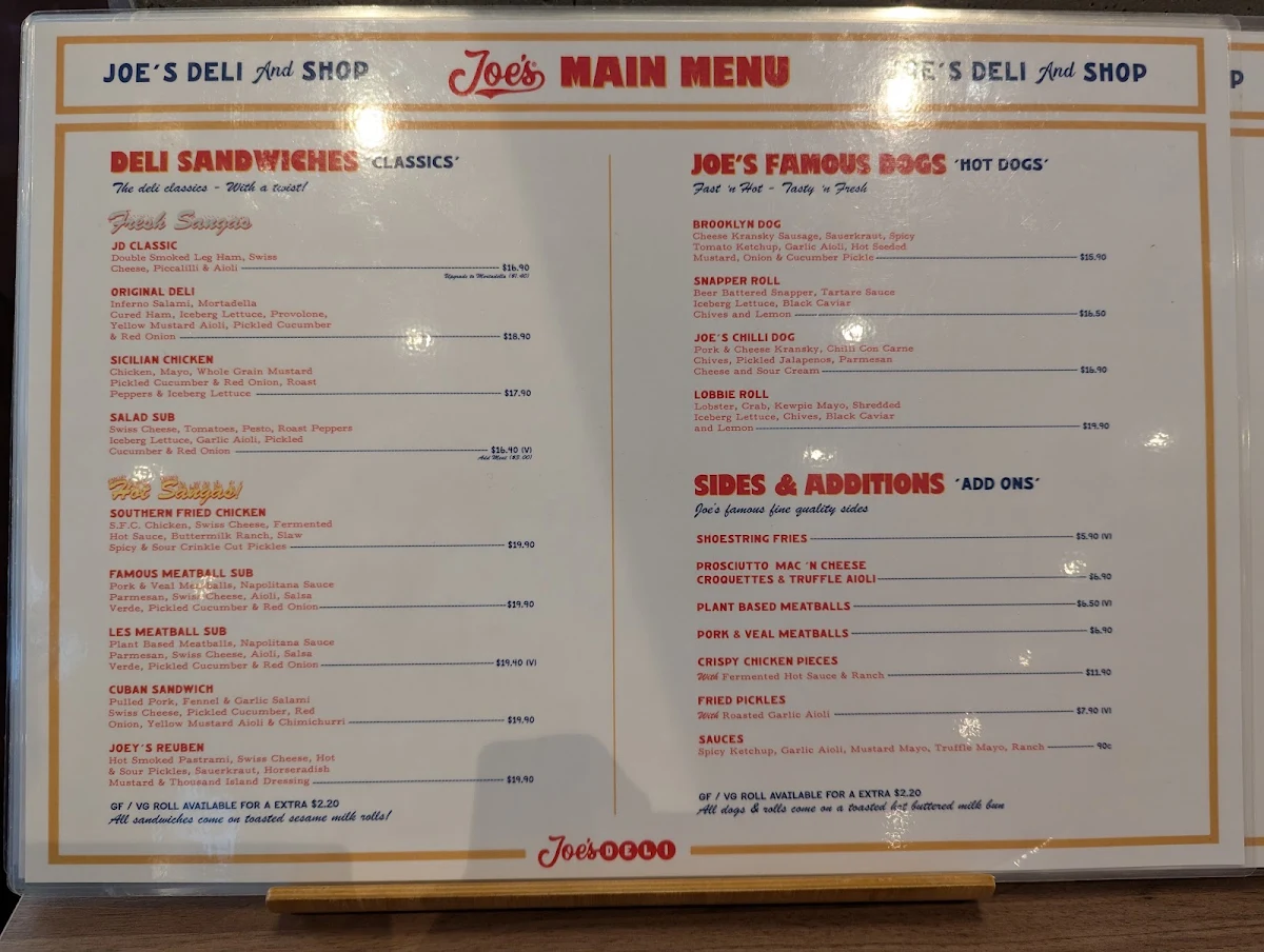 Menu, Joe's Famous Deli