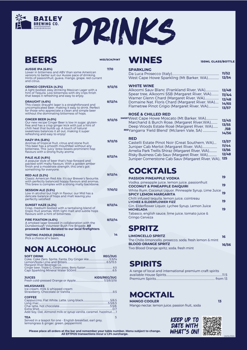 Menu, Bailey Brewing Co. Dunsborough