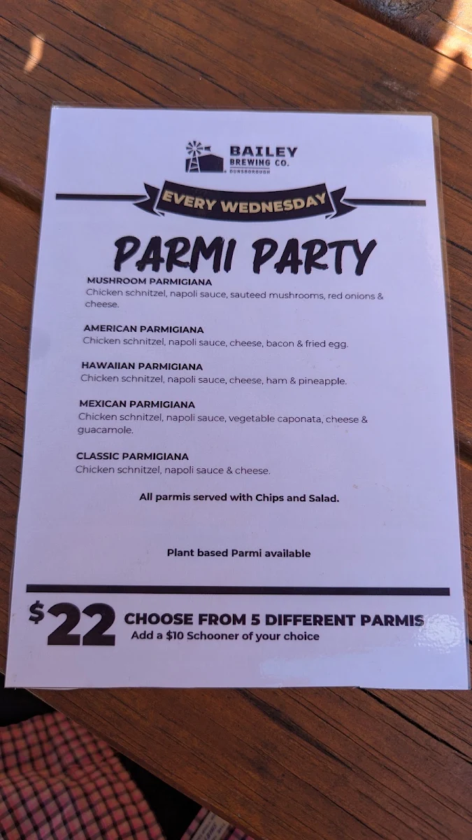 Menu, Bailey Brewing Co. Dunsborough