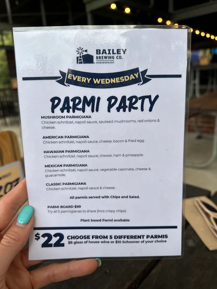 Menu, Bailey Brewing Co. Dunsborough