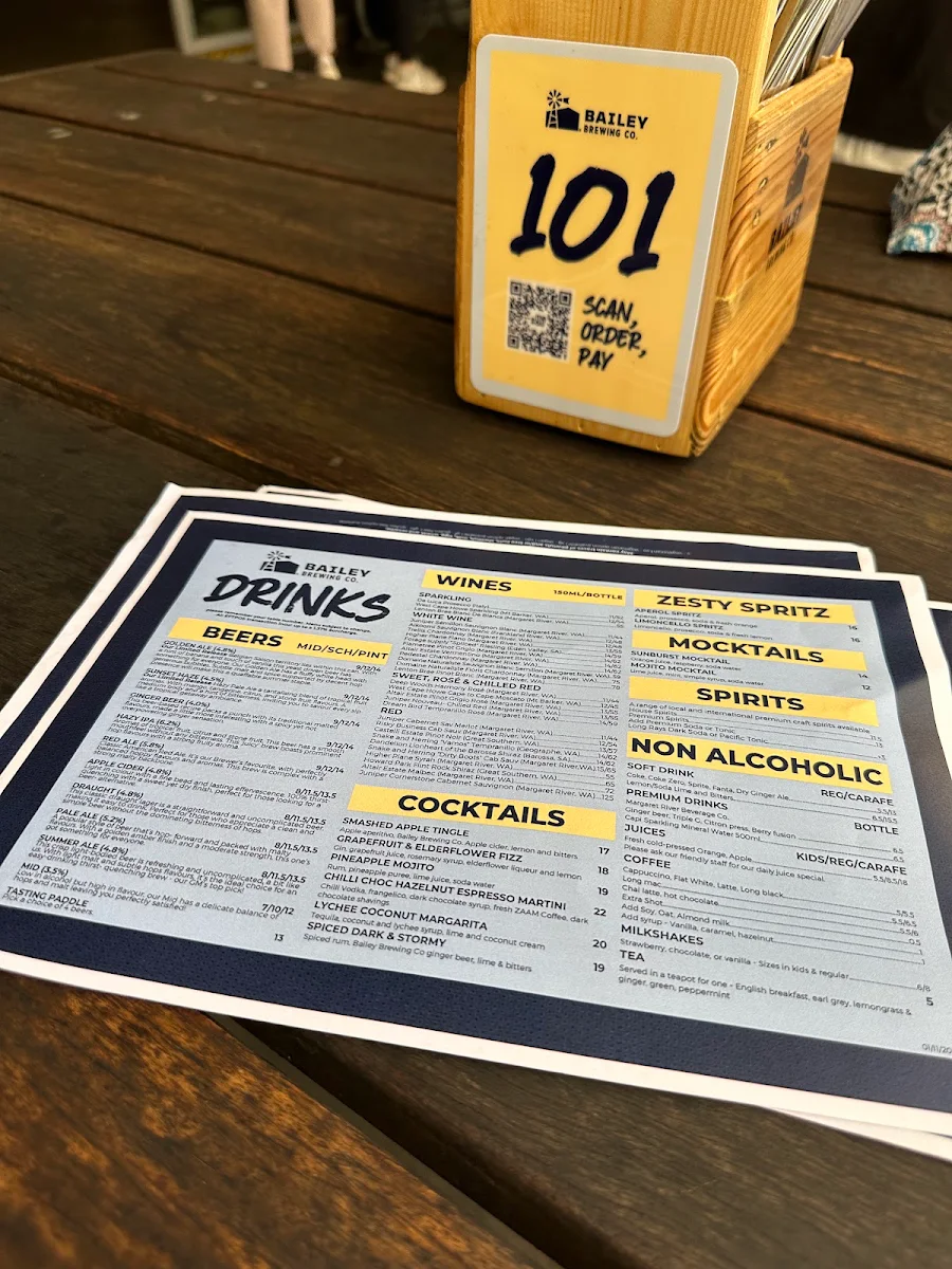 Menu, Bailey Brewing Co. Dunsborough