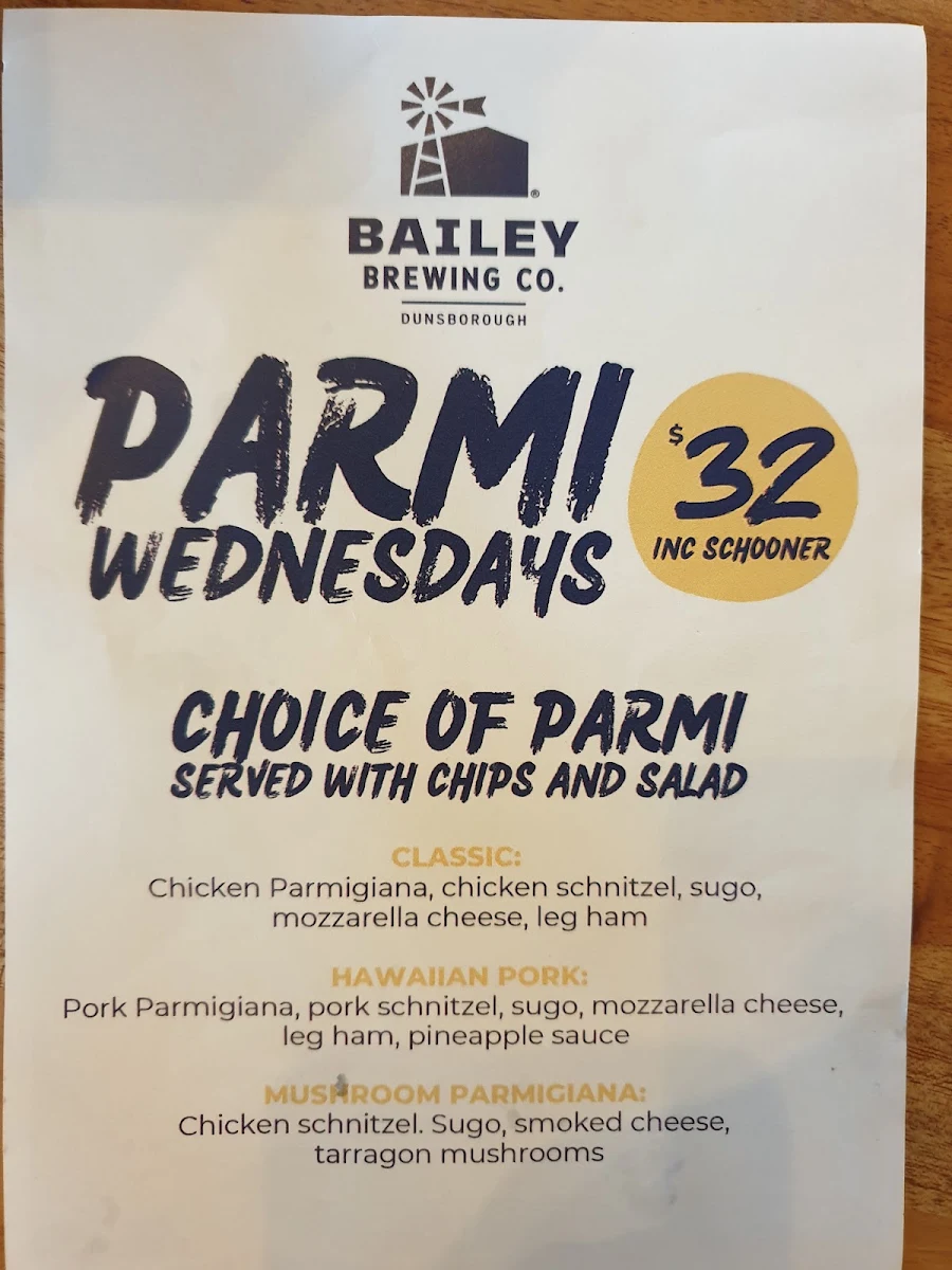 Menu, Bailey Brewing Co. Dunsborough