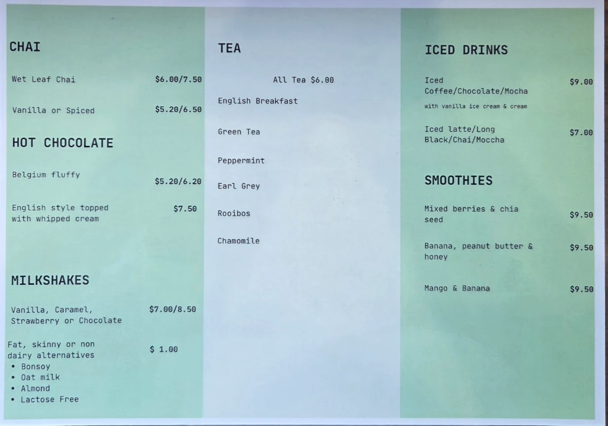 Menu, Di Marko's Off Centre Cafe