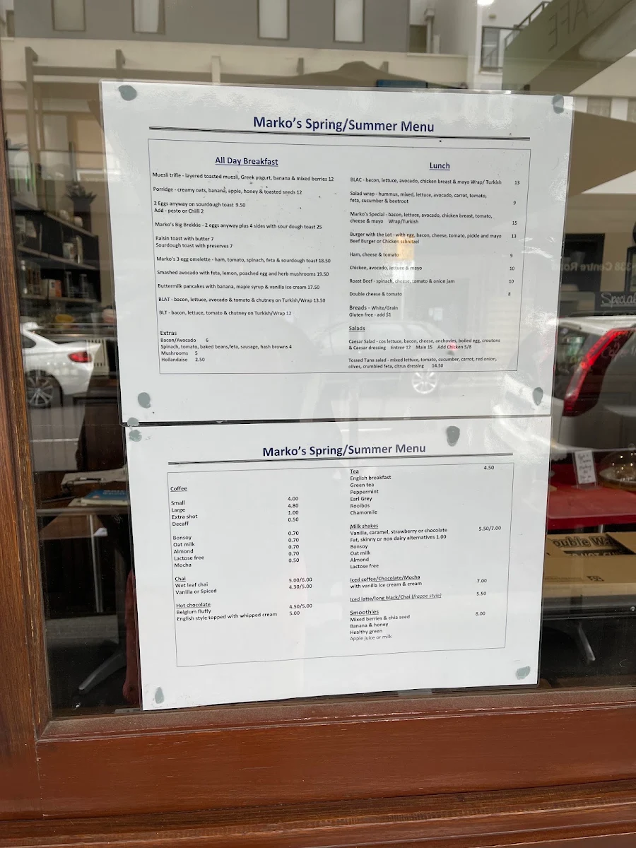 Menu, Di Marko's Off Centre Cafe