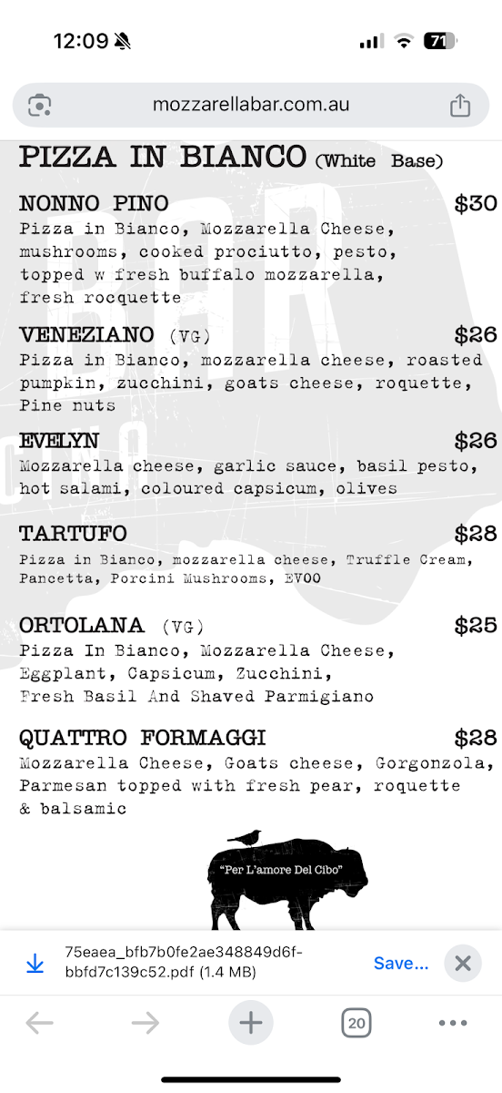 Menu, Mozzarella Bar