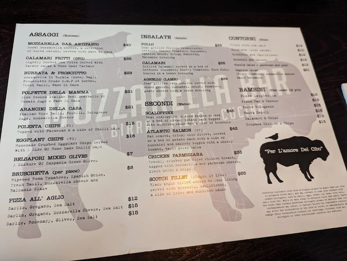 Menu, Mozzarella Bar