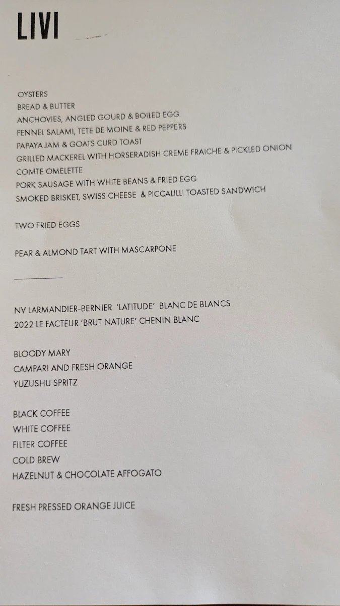 Menu, Bistro Livi