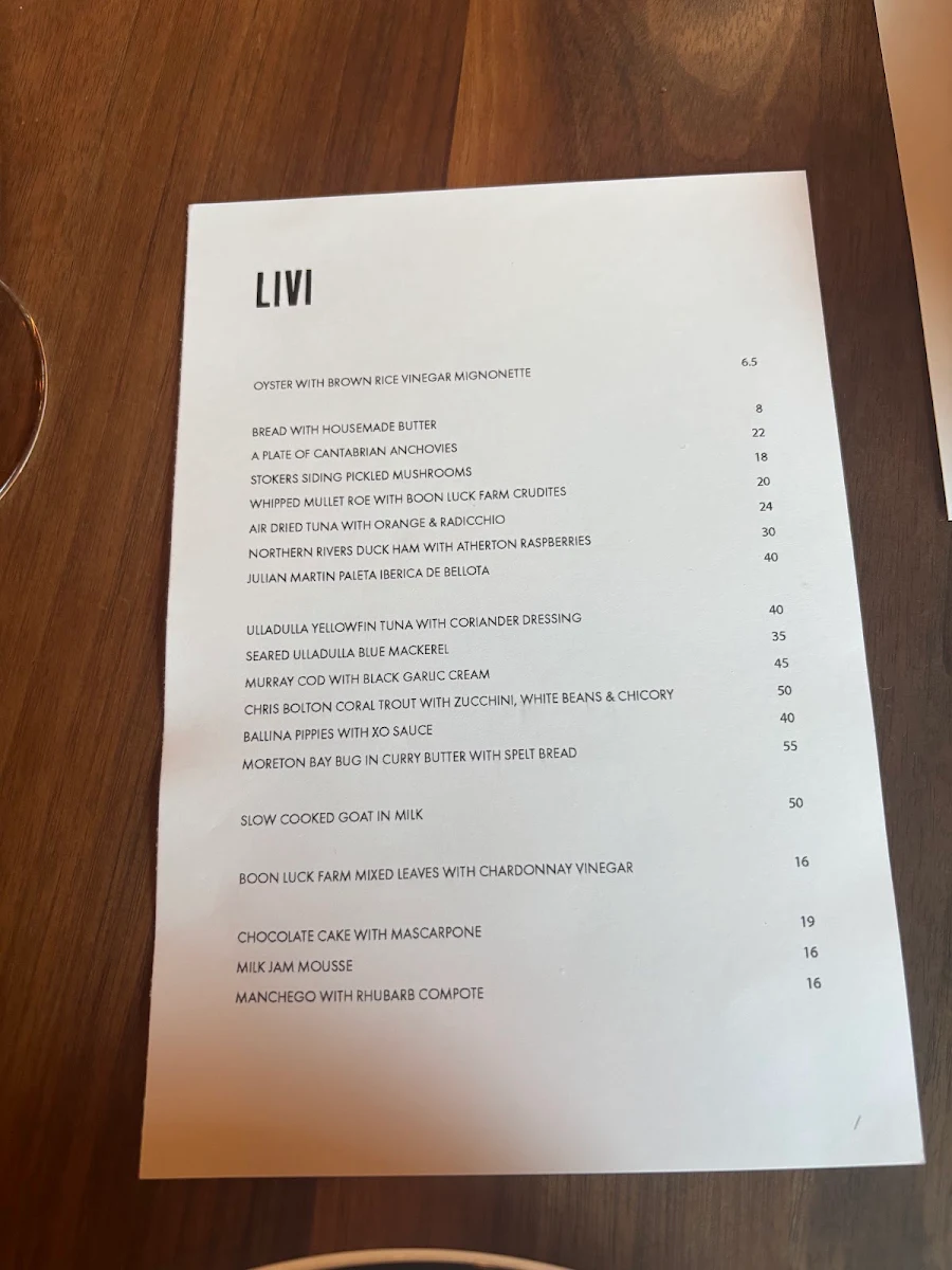 Menu, Bistro Livi
