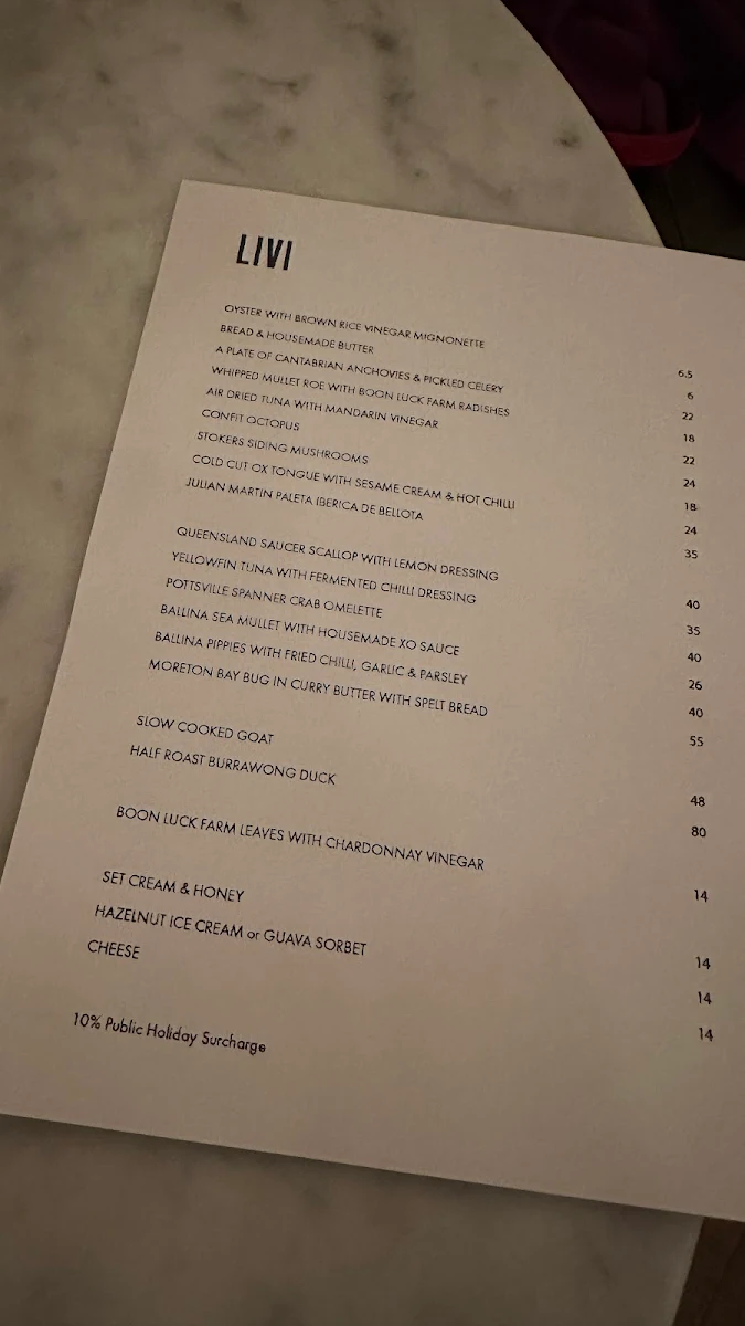 Menu, Bistro Livi