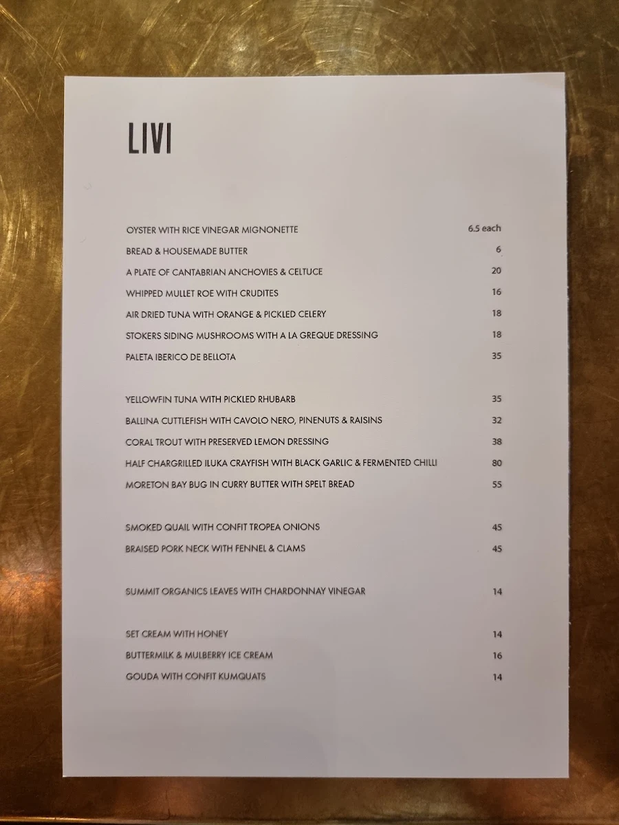 Menu, Bistro Livi