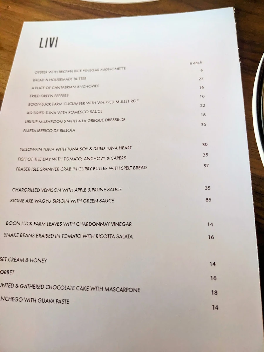 Menu, Bistro Livi