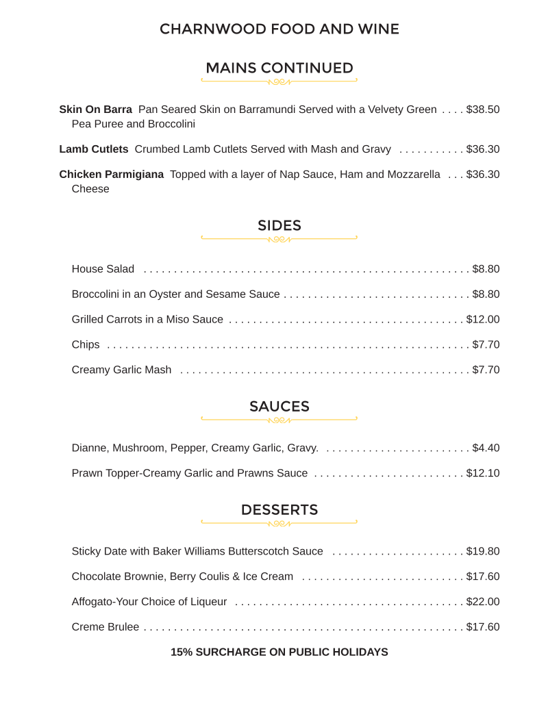 Menu, Charnwood Food & Wine
