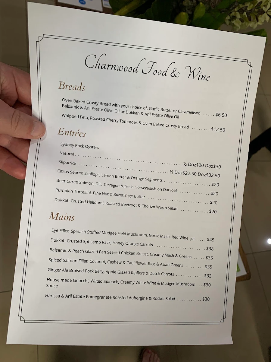 Menu, Charnwood Food & Wine