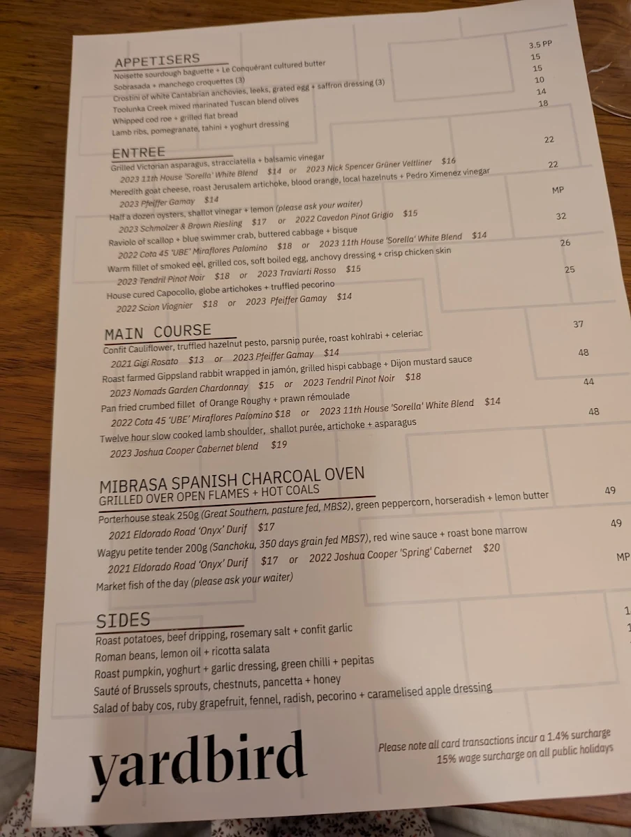 Menu, Yardbird Restaurant