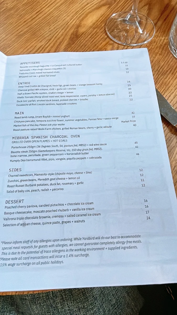 Menu, Yardbird Restaurant