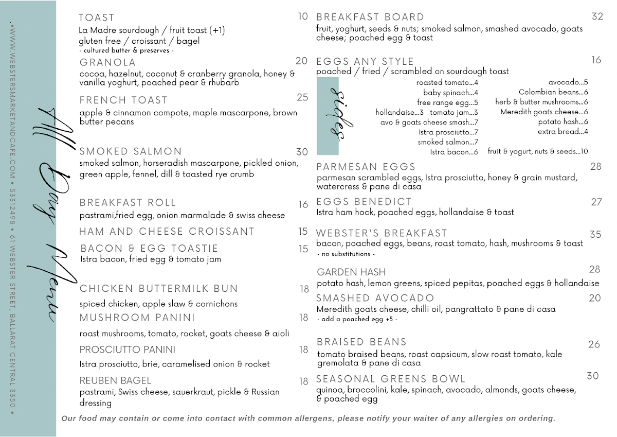 Menu, Webster's Market And Cafe