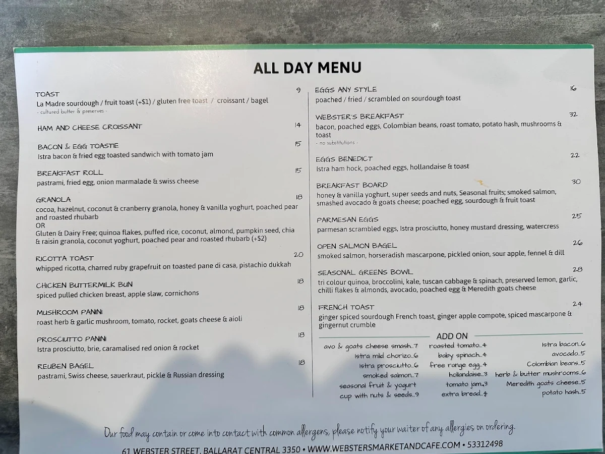 Menu, Webster's Market And Cafe