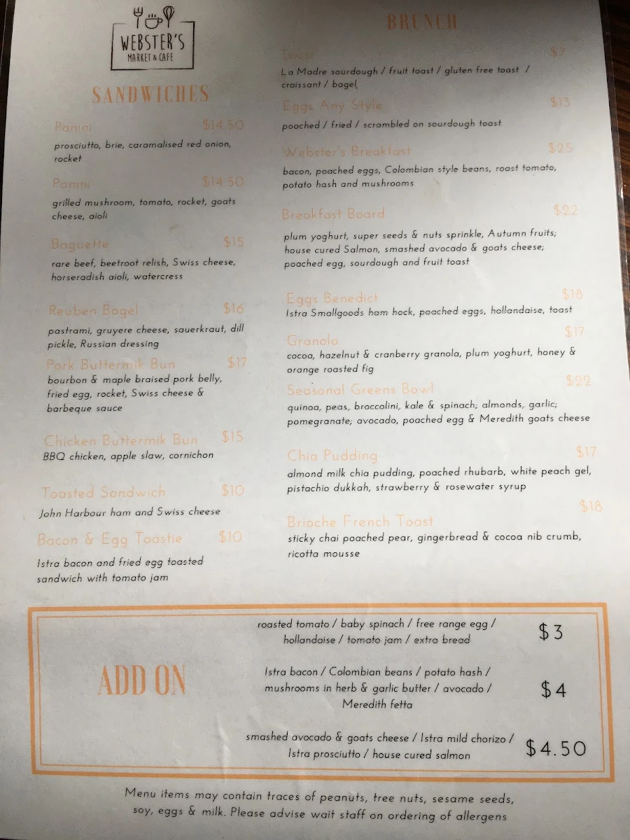 Menu, Webster's Market And Cafe