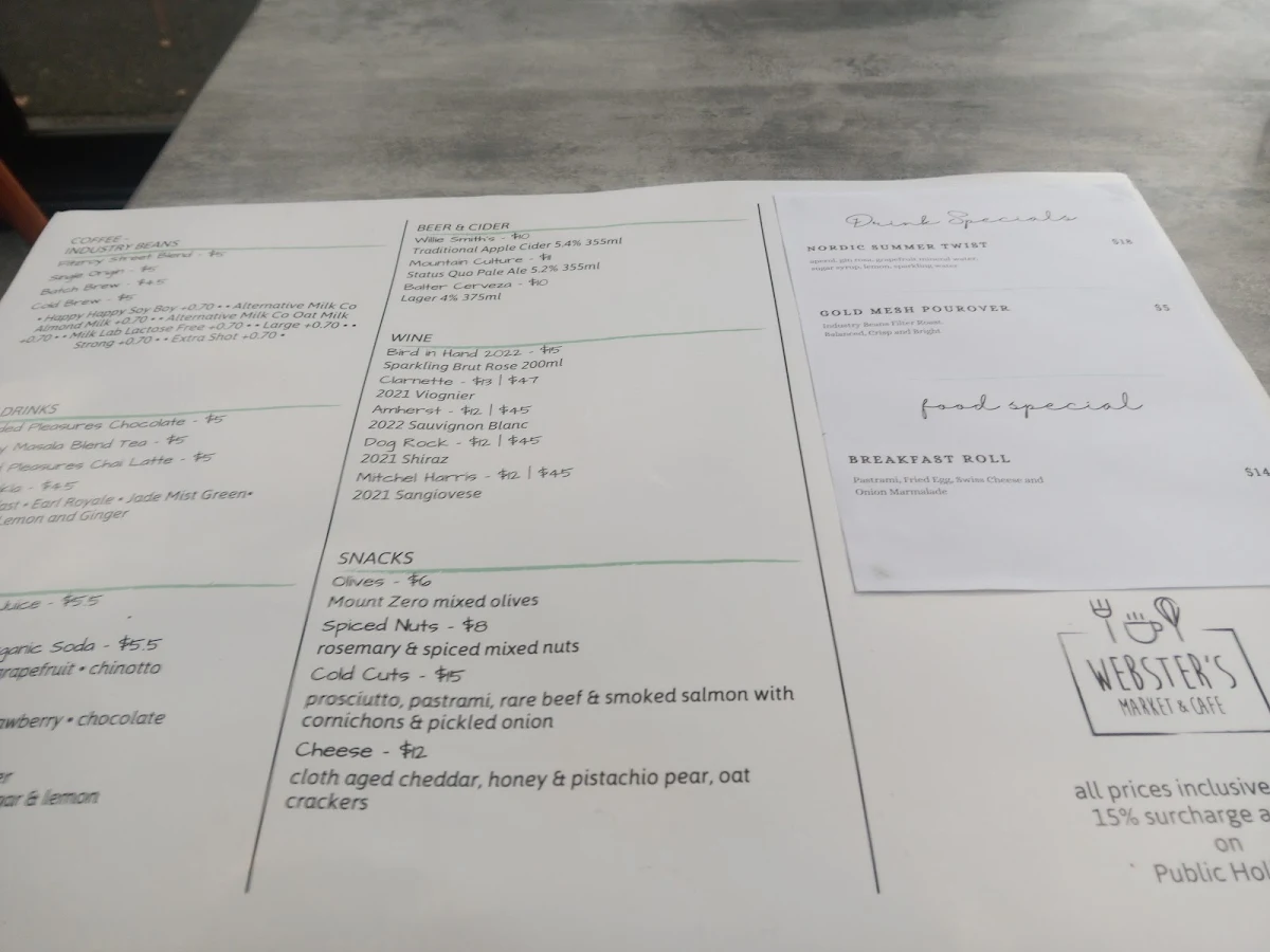 Menu, Webster's Market And Cafe
