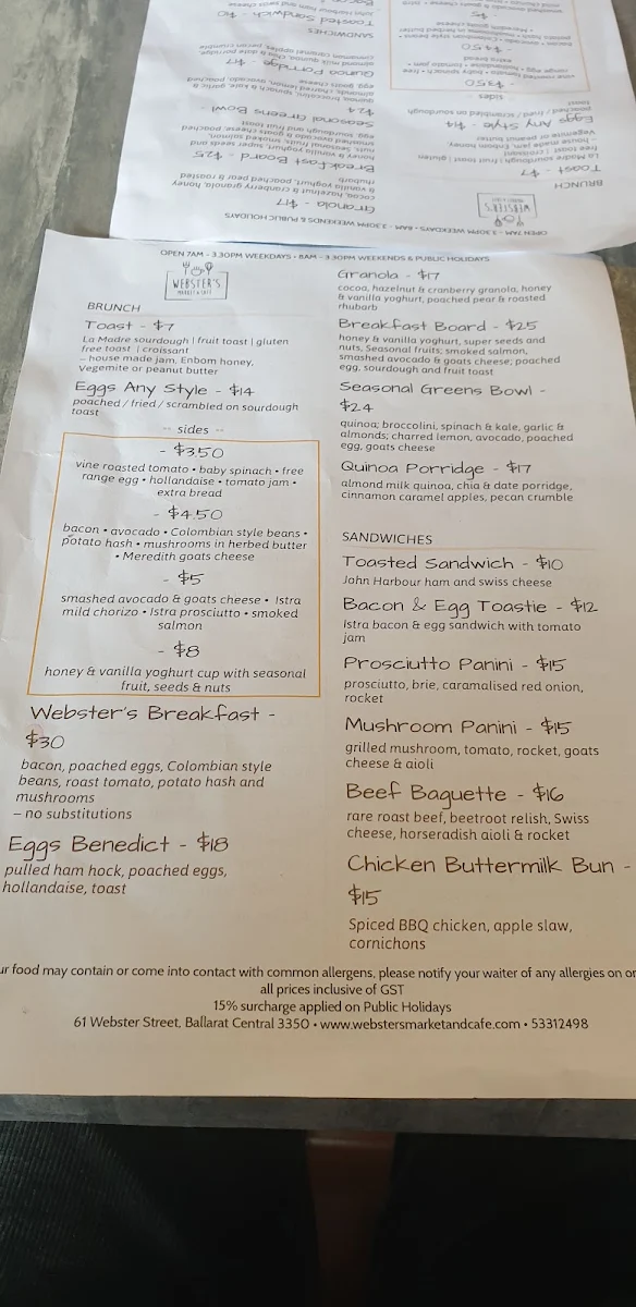 Menu, Webster's Market And Cafe