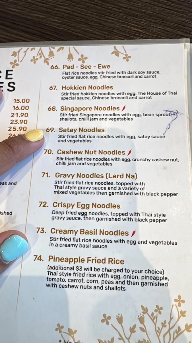 Menu, The House of Thai
