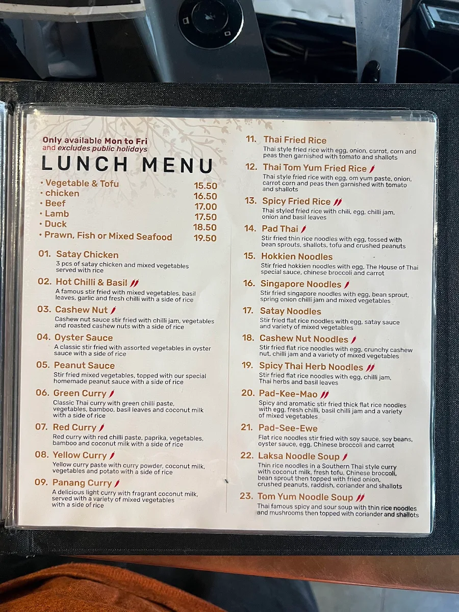 Menu, The House of Thai