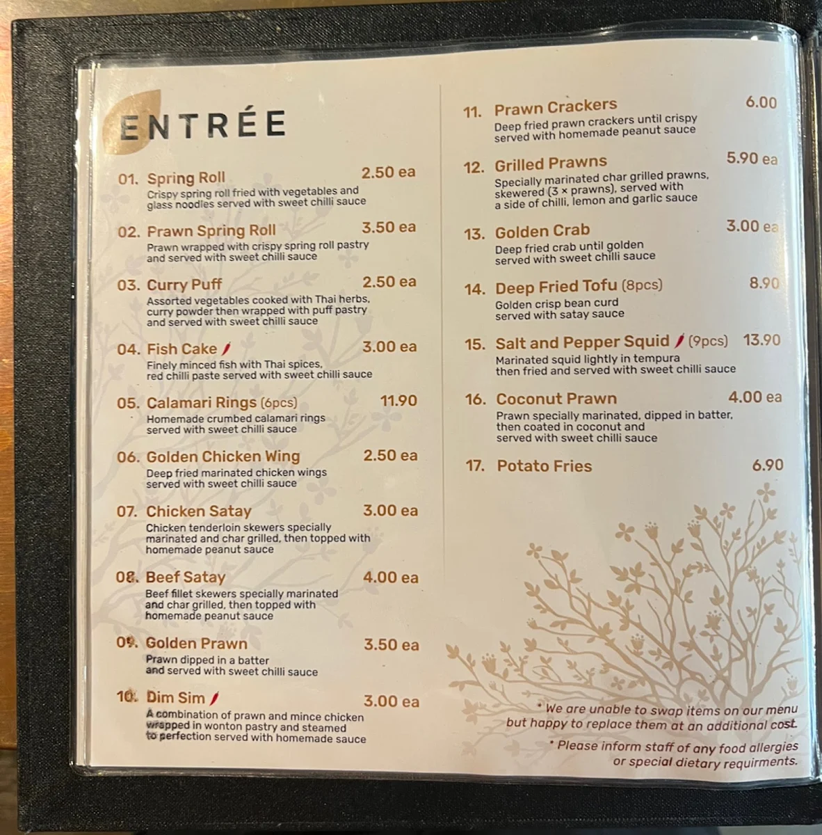 Menu, The House of Thai