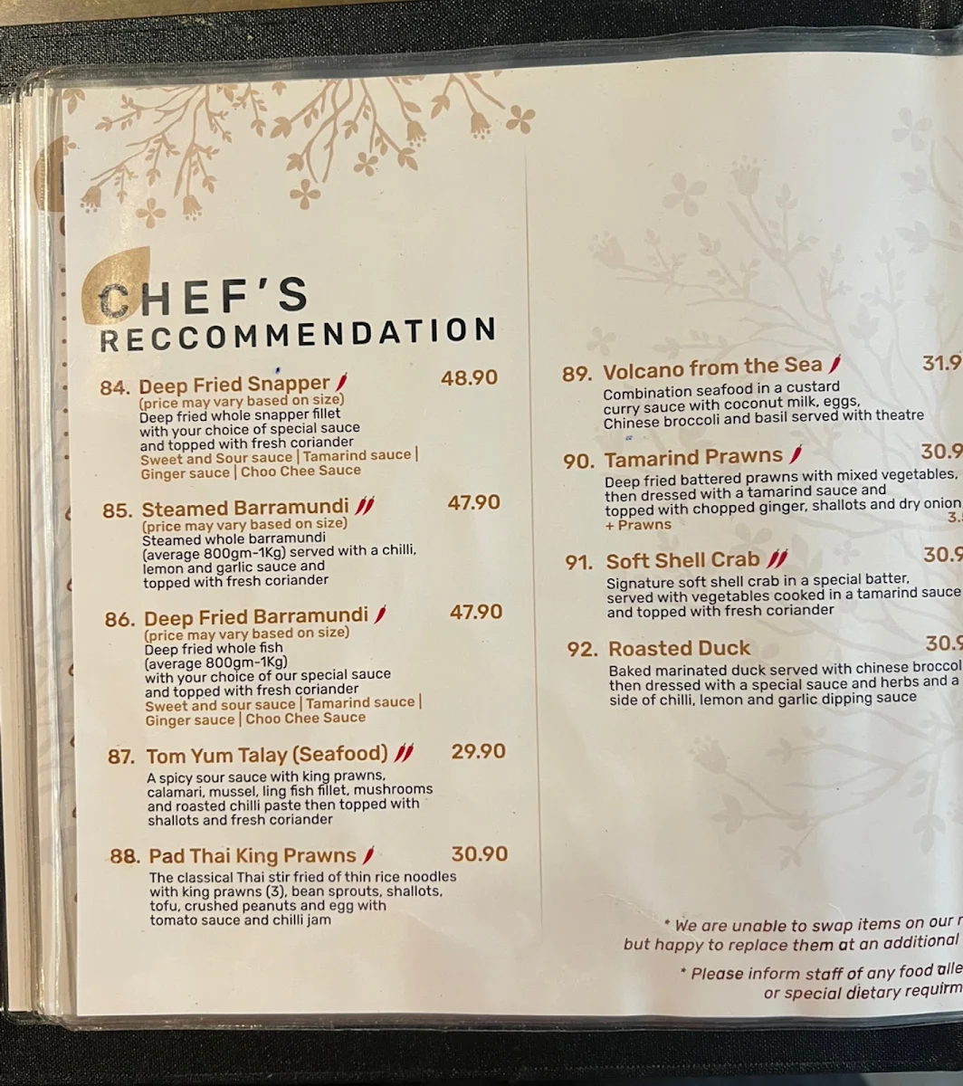 Menu, The House of Thai