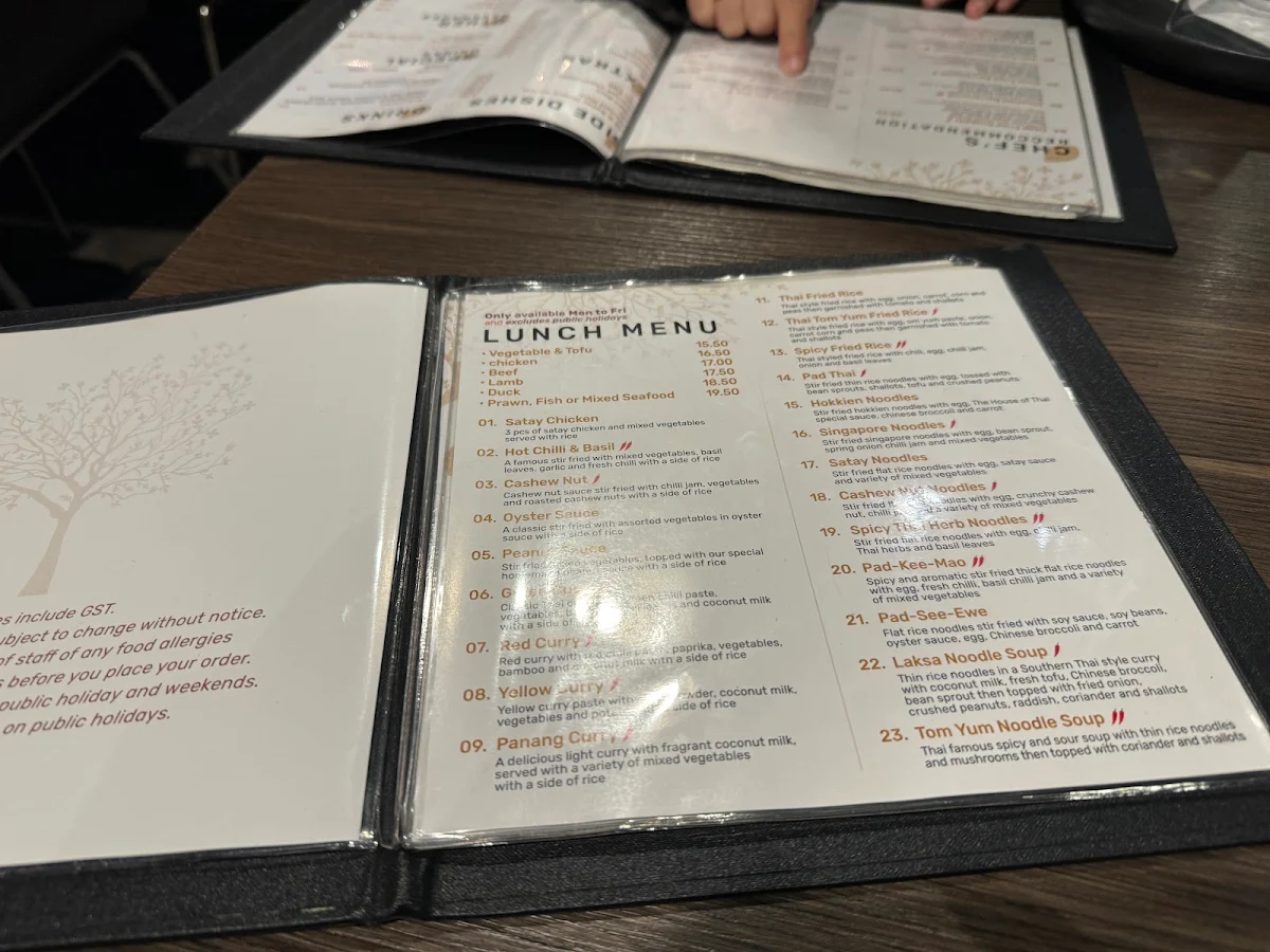 Menu, The House of Thai