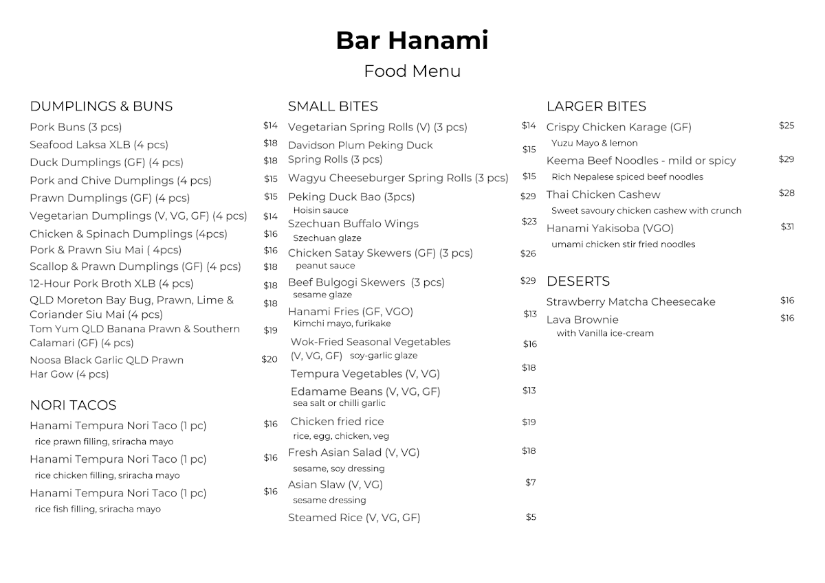 Menu, Bar Hanami