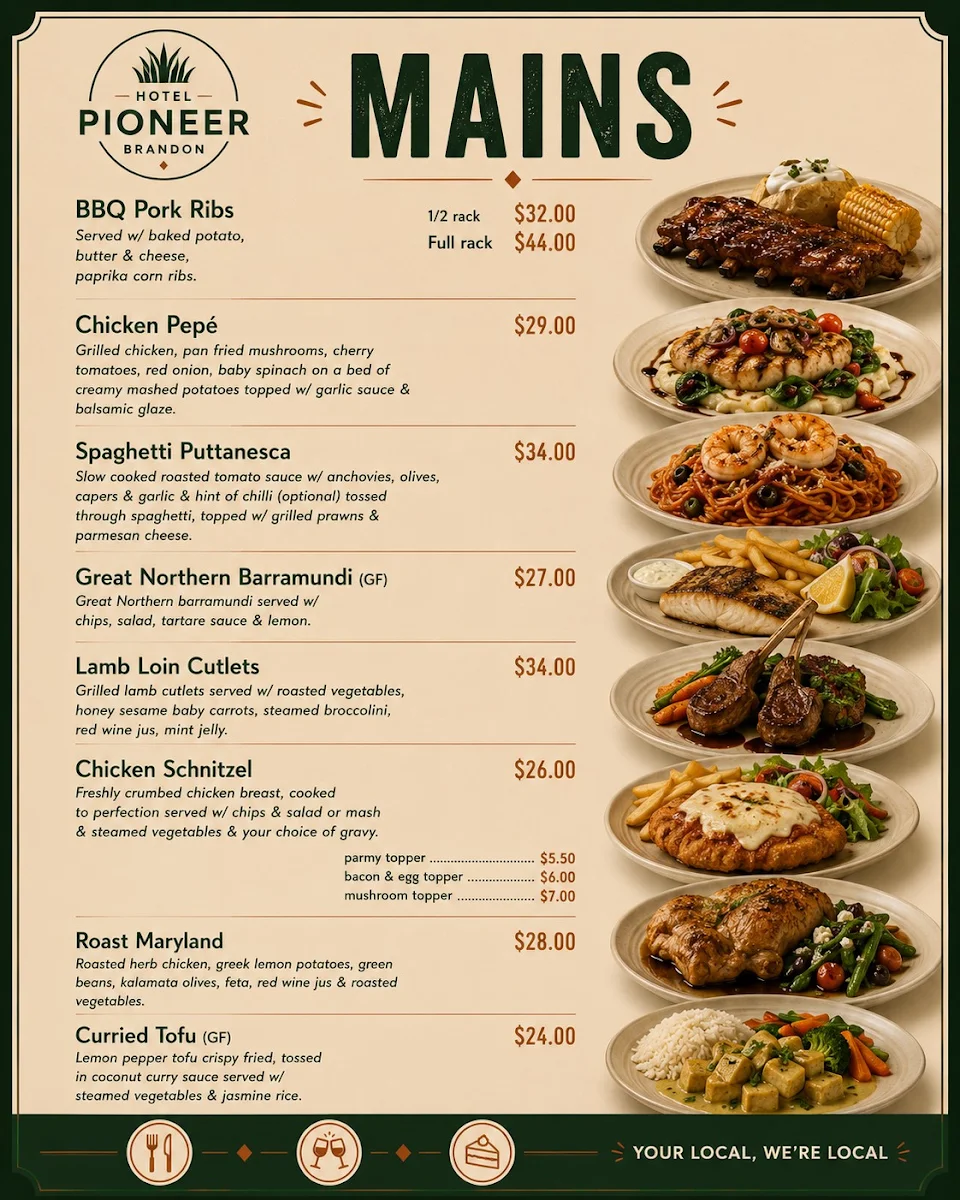 Menu, Hotel Pioneer Brandon
