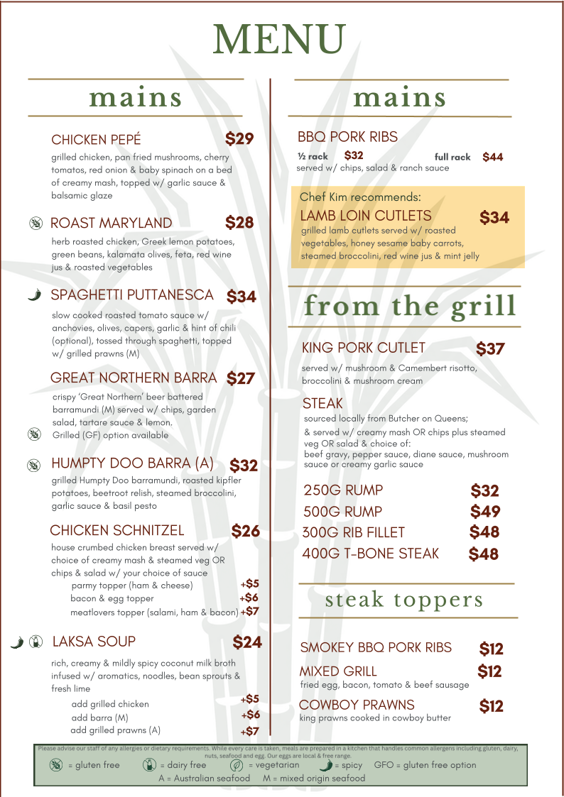 Menu, Hotel Pioneer Brandon