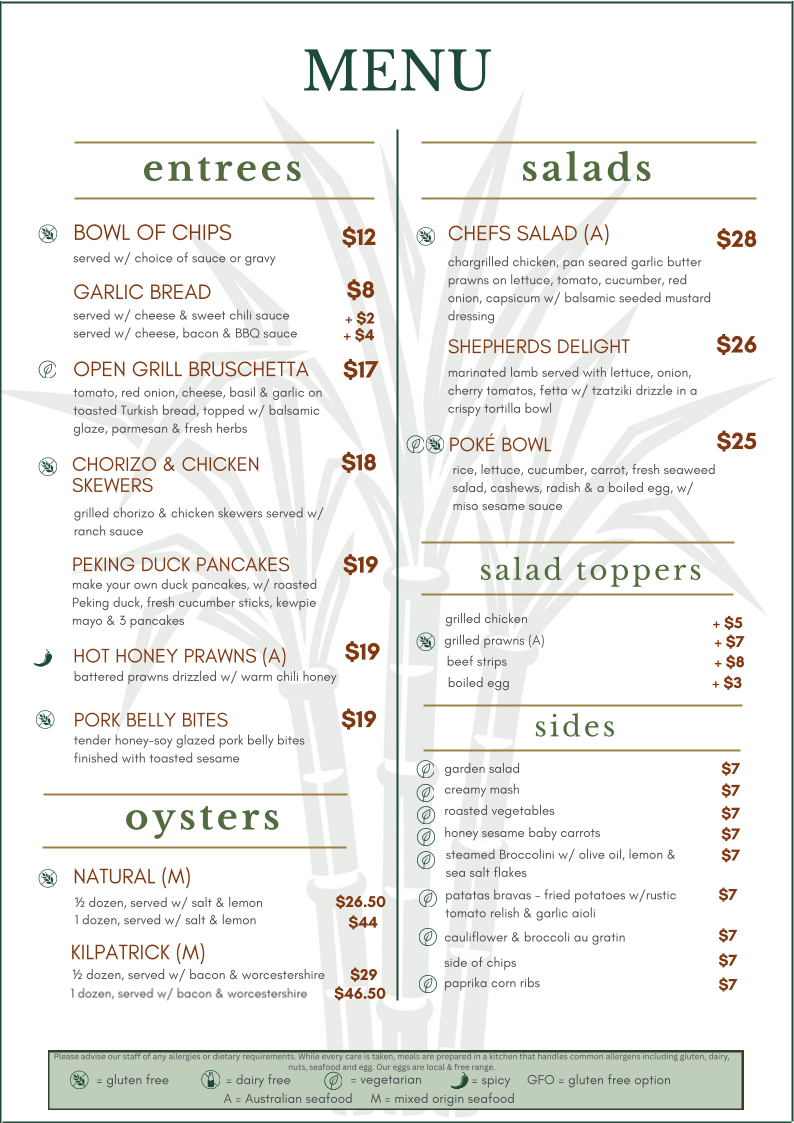 Menu, Hotel Pioneer Brandon