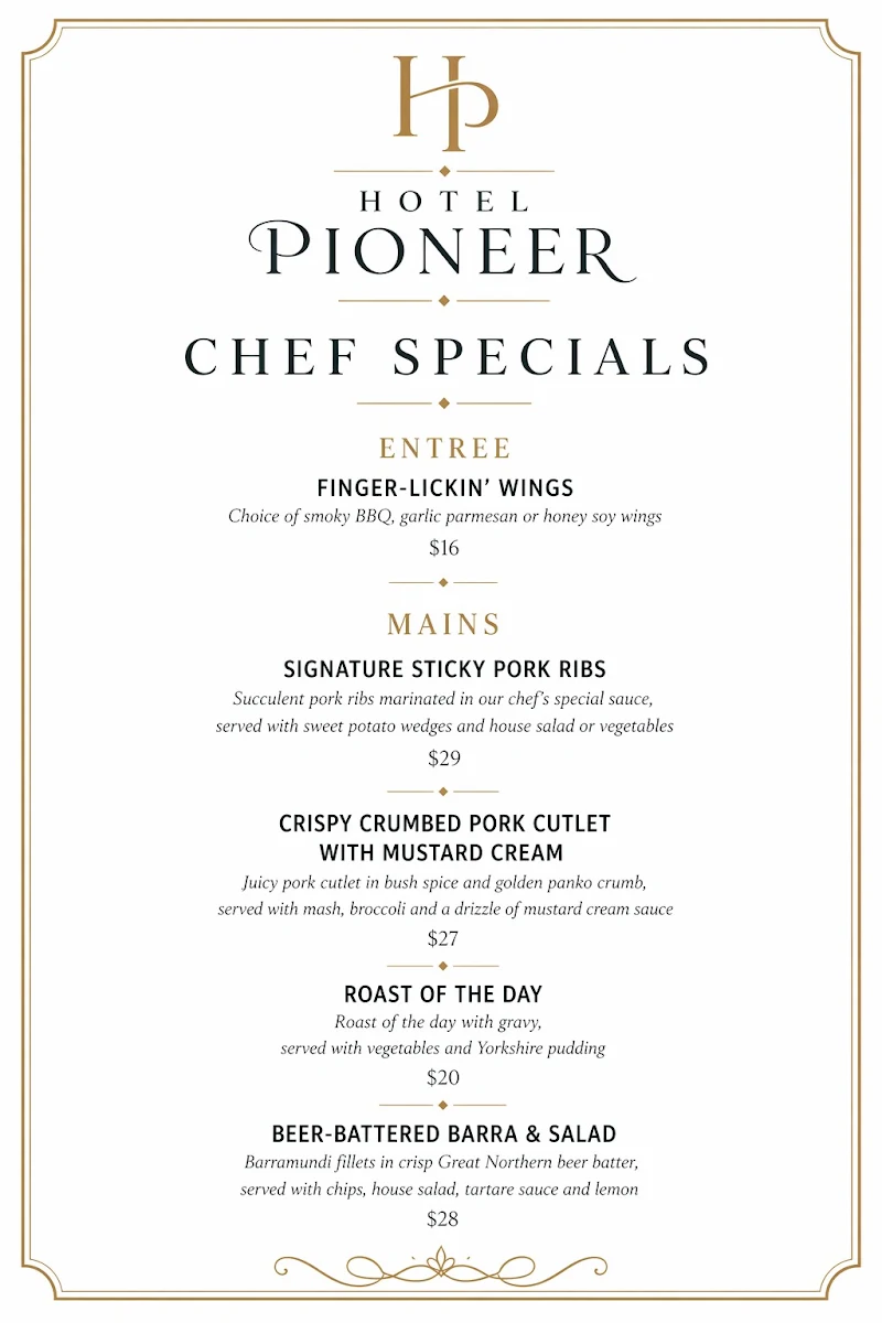 Menu, Hotel Pioneer Brandon