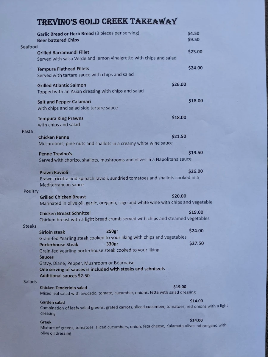 Menu, Trevino's Restaurant Gold Creek