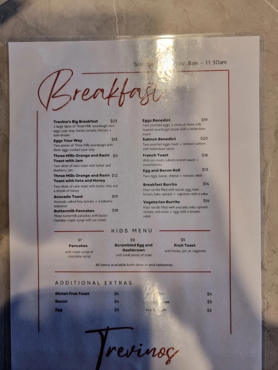 Menu, Trevino's Restaurant Gold Creek