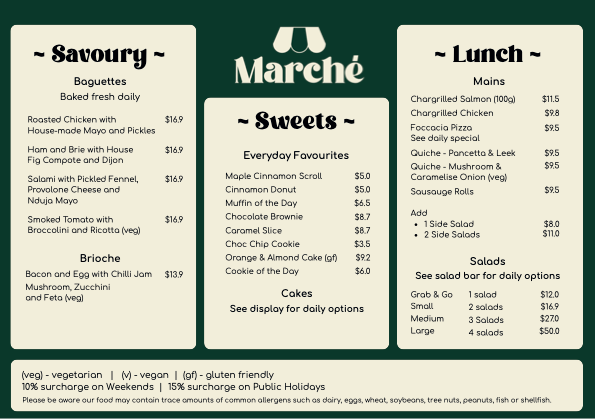 Menu, Marché Café