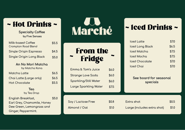 Menu, Marché Café
