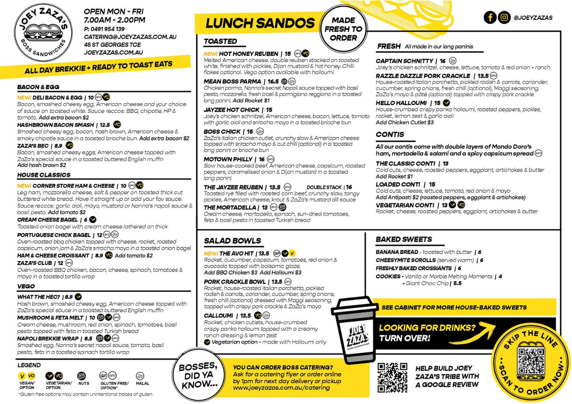 Menu, Joey Zaza's