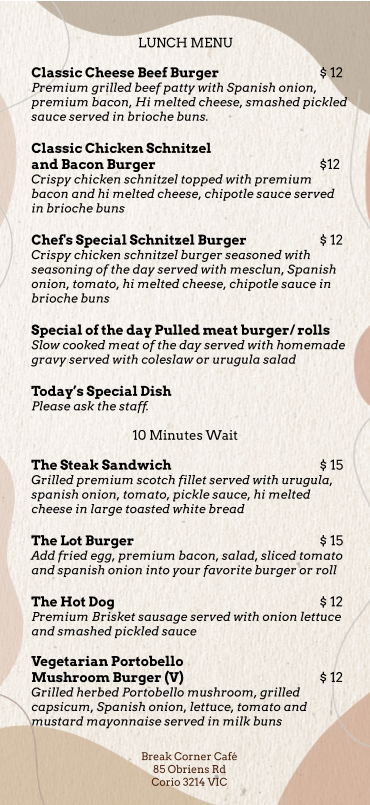 Menu, Break Corner Cafe