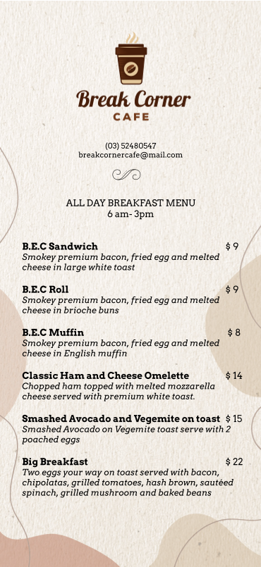 Menu, Break Corner Cafe