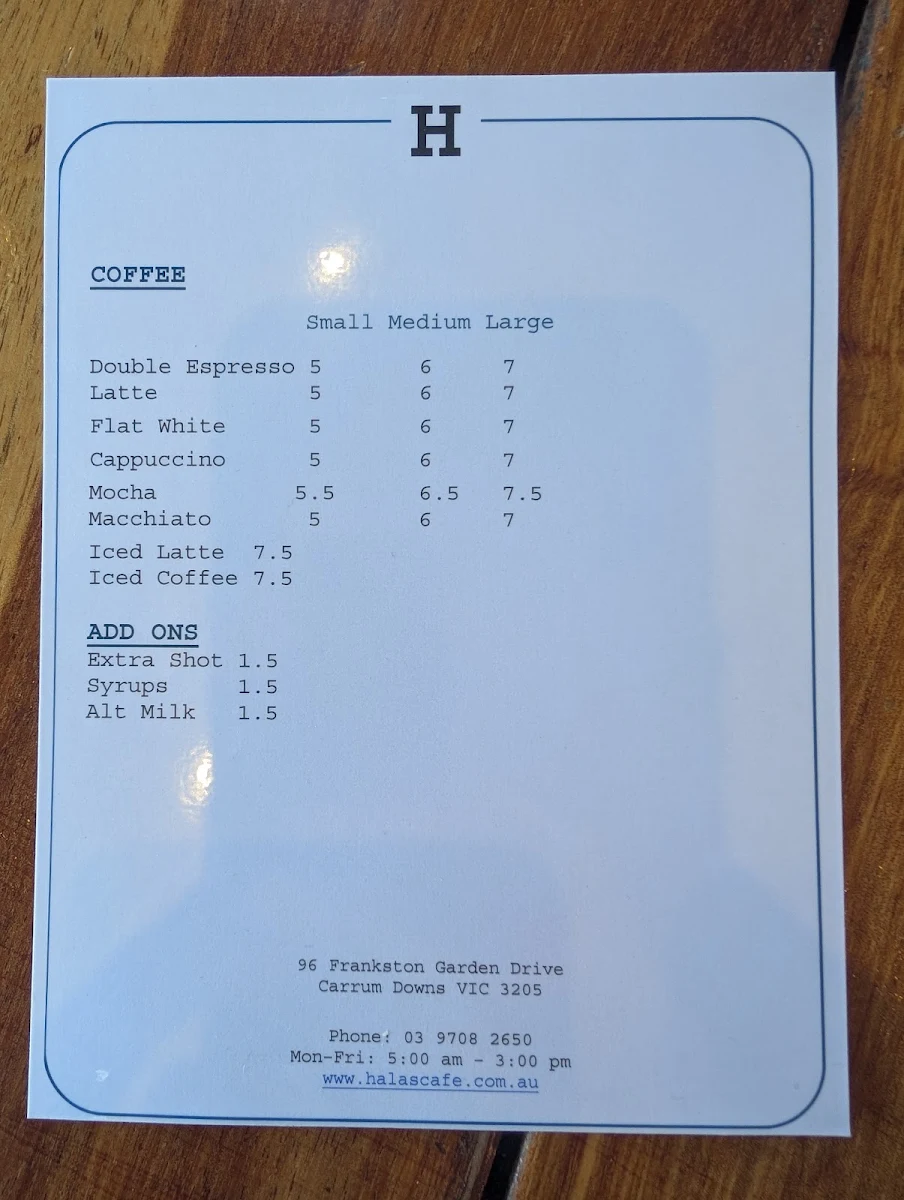Menu, Hala’s Cafe