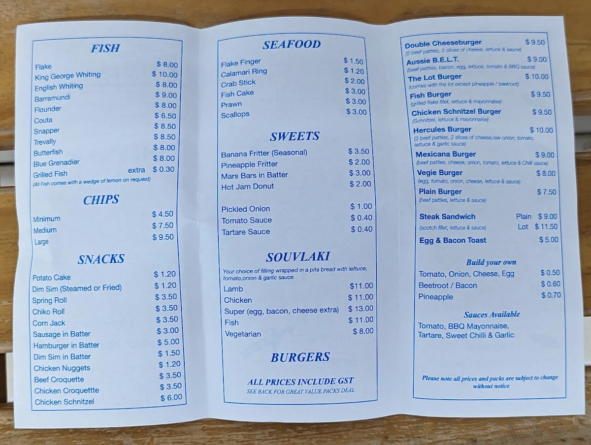 Menu, Dorset Heights Fish & Chips