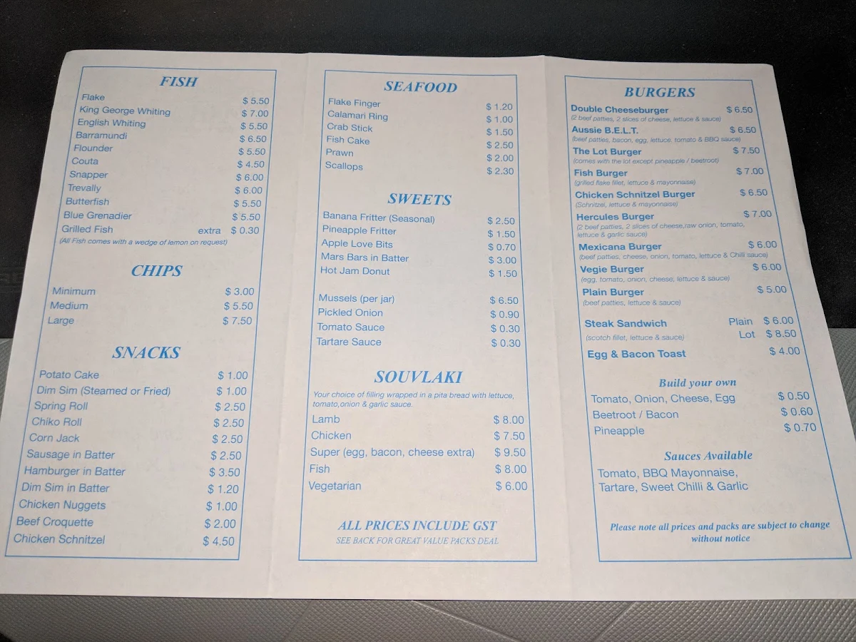 Menu, Dorset Heights Fish & Chips