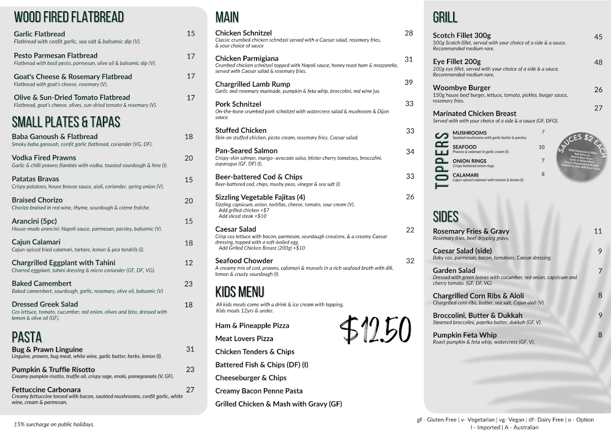 Menu, The Woombye Pub