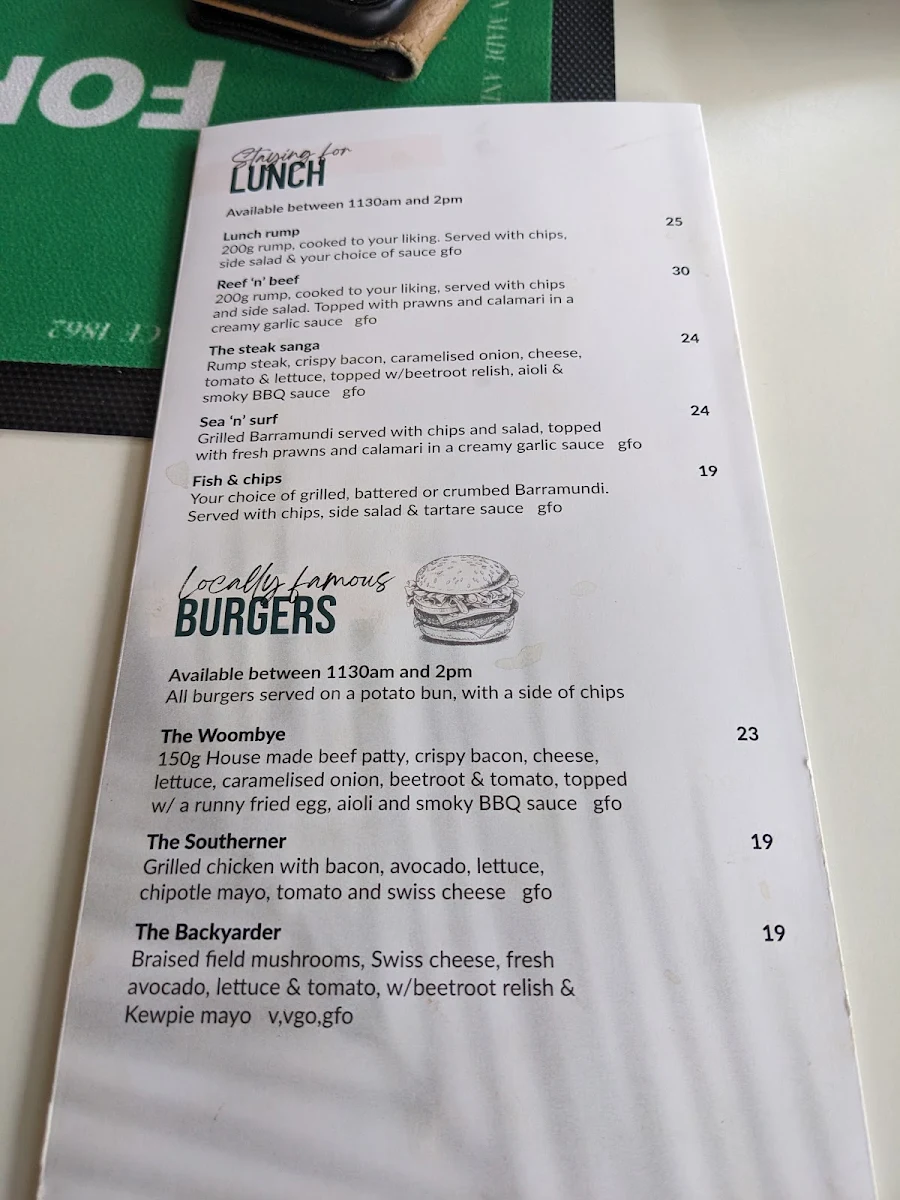 Menu, The Woombye Pub