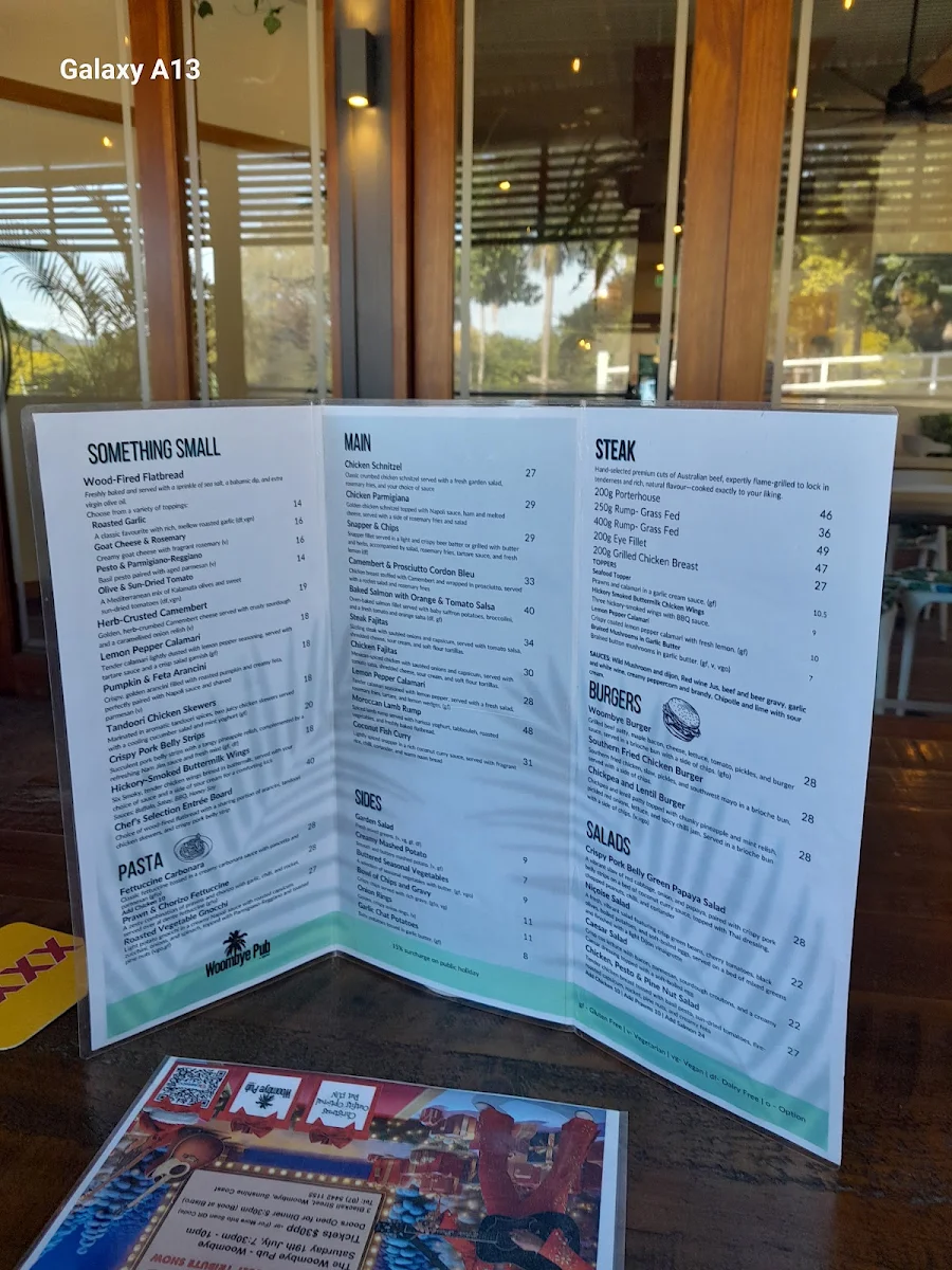 Menu, The Woombye Pub